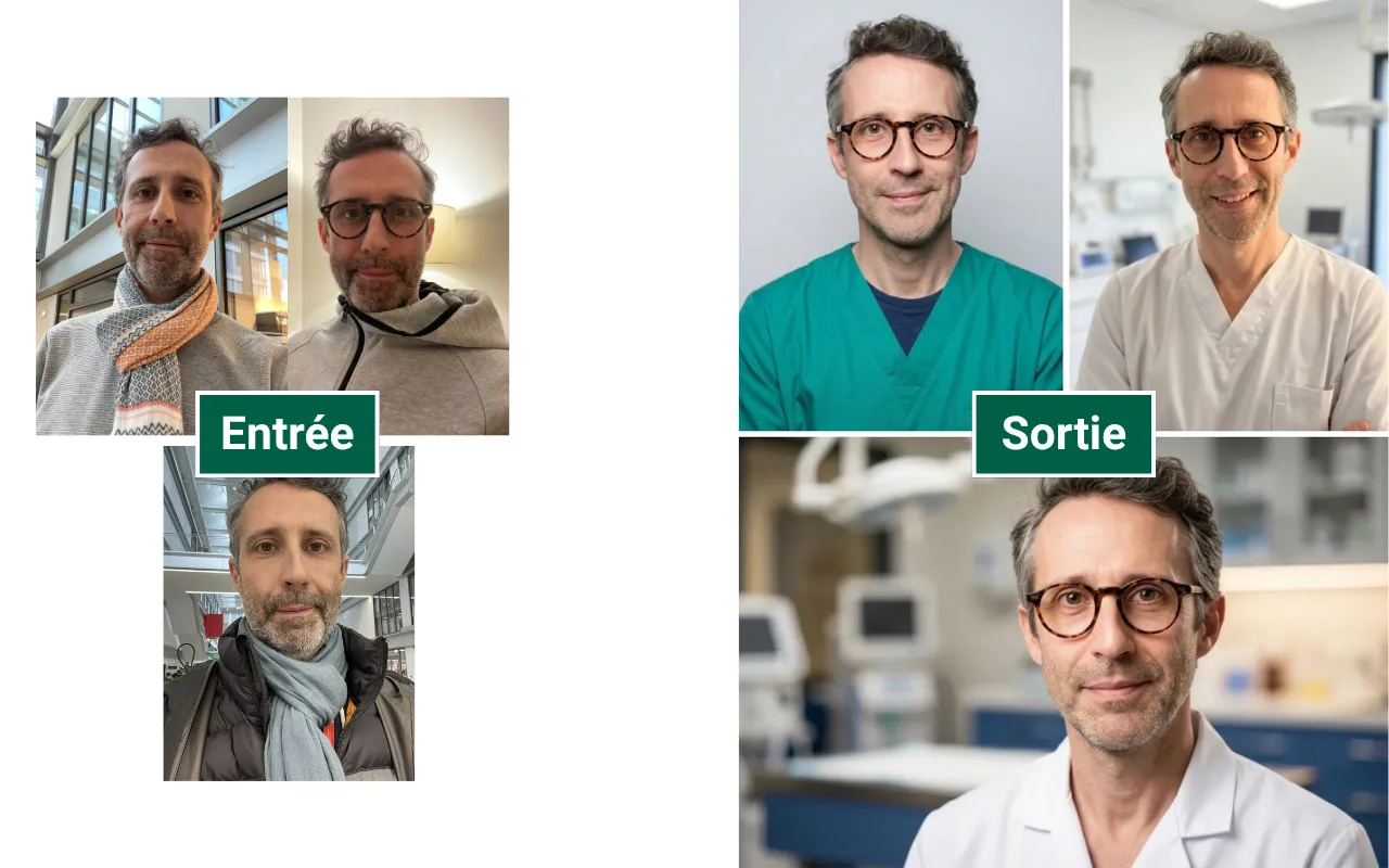 Avant et apres : photo smartphone d'un veterinaire transformee en portrait professionnel par IA en 5 styles differents